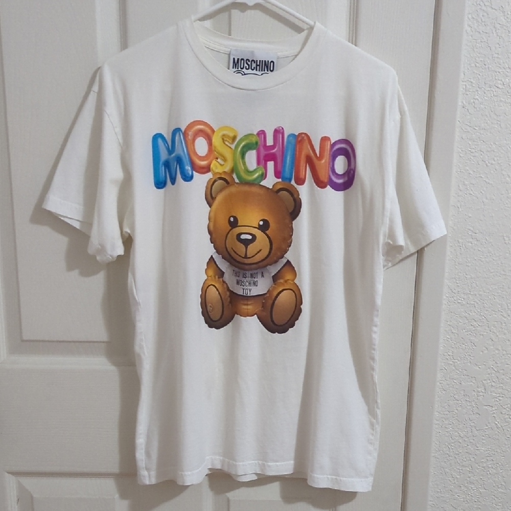 Moschino White Tee with Colorful Balloon Logo & Teddy